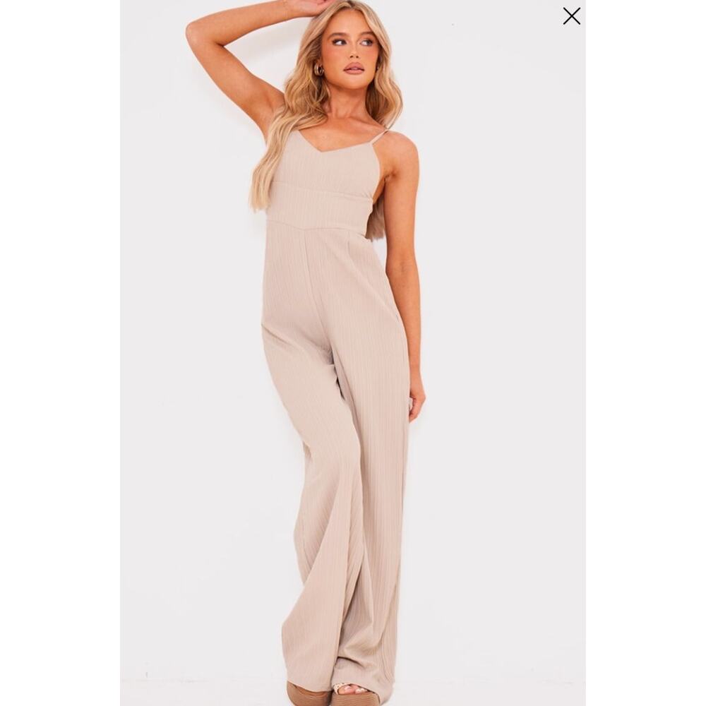 NWT PrettyLittleThing Stone Strappy Textured Backless Wide Leg Jumpsuit US 2